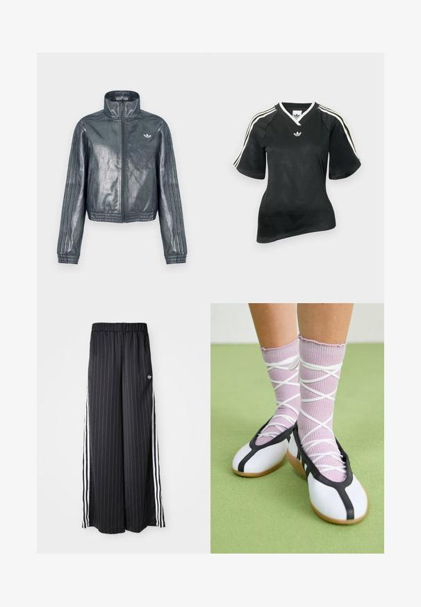 Metallic-graue Jacke mit Reißverschluss, hohem Kragen, gerippten Bündchen und drei Streifen an den Ärmeln. Verfügt über ein kleines Emblem auf der Brust.; Schwarzes Sportshirt mit V-Ausschnitt, kurzen Ärmeln und strukturiertem Chevron-Muster. Mit weißen drei-Streifen-Akzenten auf den Schultern und Logo.; Schwarzfarbene, weit geschnittene Hosen mit vertikalen weißen Streifen, elastischem Bund und drei weißen Streifen an der Seite. Adidas-Logo auf der Vorderseite.; Beine mit gerippten lavendelfarbenen Socken mit weißen überkreuzten Riemen, kombiniert mit weißen Ballettschuhen mit schwarzem Rand auf grünem Boden.