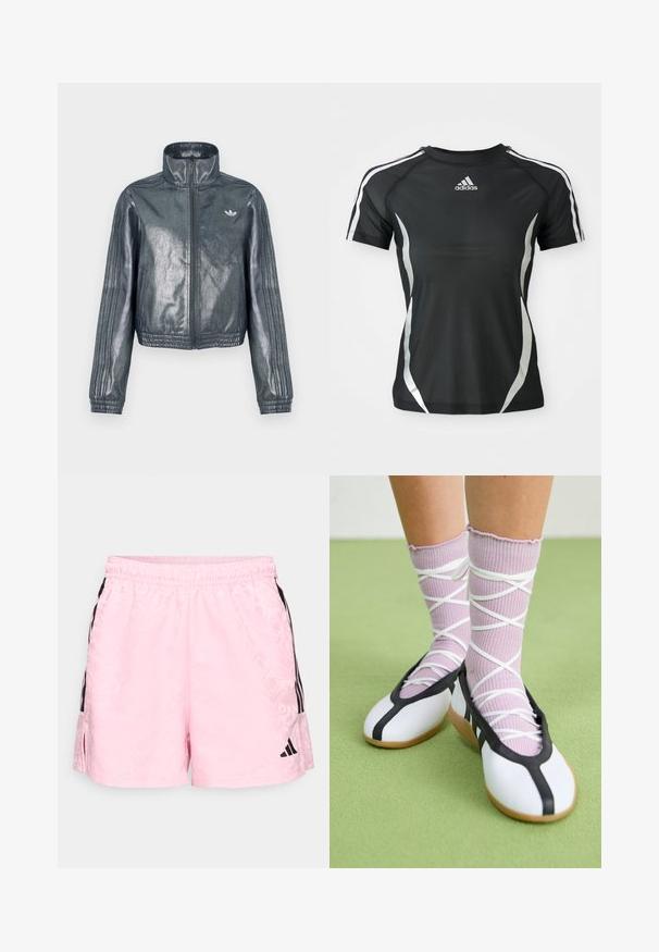 Metallinhohtoinen harmaa vetoketjullinen takki, jossa korkea kaulus, resorit hihansuissa ja kolme raitaa hihoissa. Rinnassa pieni tunnusmerkki.; Mustapohjainen Adidas lyhythihainen urheilupaita, jossa on valkoiset raidat harteilla ja hopeiset kaarevat yksityiskohdat sivuilla.; adidas Sportswear TIRO - Urheilushortsit - true pink/black; Jalat, joissa on ribbineuloksiset laventelinväriset sukat, joissa on valkoiset ristikkäiset hihnat, yhdistettyinä valkoisiin balettikenkiin, joissa on mustat reunukset vihreällä lattialla.