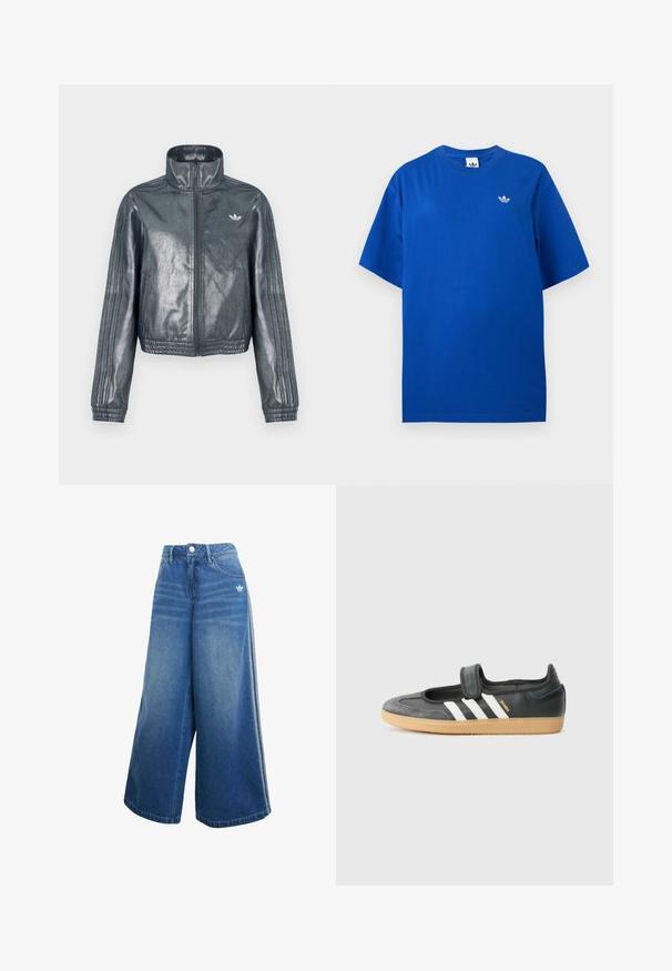 Metallikahall lukkuga jakk kõrge kraega, soonikkoes mansettidega ja kolme triibuga varrukael. Rinnal on väike embleem.; Sinine lühikeste varrukatega Adidas T-särk ümmarguse kaelusega, vasakul rinnal väike valge Adidas trefoil logo.; Hallid jalgadega teksapüksid keskmises sinises värvuses, millel on kõrge vöökoht, peened õmblused ja väike valge logo ees.; Mustmust ja sametist sneaker, millel on Velcro rihm, kolm valget triipu ja kummi tallad, küljel on silt "SAMBA".