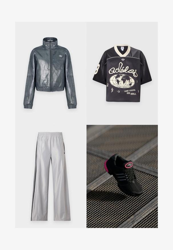 Chaqueta metálica gris con cremallera y cuello alto, puños acanalados y tres rayas en las mangas. Presenta un pequeño emblema en el pecho.; Camiseta deportiva de malla negra de ajuste holgado, con detalles en crema, escote en V y gráficos que incluyen un globo terráqueo y estrellas.; Pantalones de chándal Adidas gris claro con una cintura elástica, franjas negras en los laterales y un pequeño logo negro de Adidas en el muslo izquierdo.; Zapatilla deportiva negra con parte superior de malla, acentos en rosa y detalles en negro a rayas. Presenta una suela con textura y una etiqueta de logo en el talón.