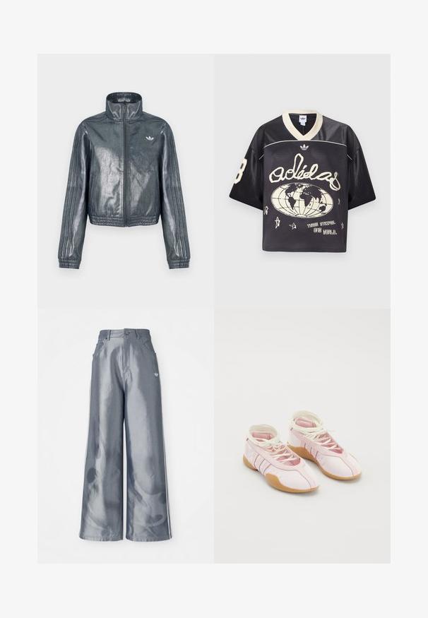 Chaqueta metálica gris con cremallera y cuello alto, puños acanalados y tres rayas en las mangas. Presenta un pequeño emblema en el pecho.; Camiseta deportiva de malla negra de ajuste holgado, con detalles en crema, escote en V y gráficos que incluyen un globo terráqueo y estrellas.; Pantalones de pierna ancha en material gris brillante, con rayas laterales blancas y un patrón de llamas en la parte inferior de las piernas. Cierre con botón y cremallera en la cintura.; Zapatillas de lona rosa con una textura suave, que presentan un diseño de cordones y una suela de goma. Detalles decorativos y tres franjas en el lateral.