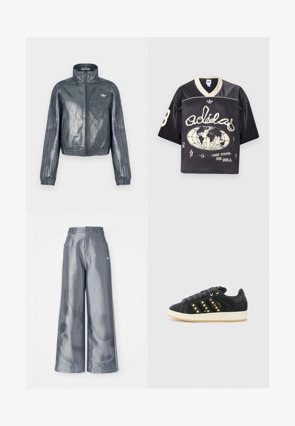 Metallic-graue Jacke mit Reißverschluss, hohem Kragen, gerippten Bündchen und drei Streifen an den Ärmeln. Verfügt über ein kleines Emblem auf der Brust.; Schwarzes Sport-Trikot aus Mesh mit lockerem Schnitt, cremefarbenen Akzenten, V-Ausschnitt und Grafiken, darunter eine Weltkugel und Sterne.; Weite Hose aus glänzendem grauem Material, ausgestattet mit weißen seitlichen Streifen und einem Flammenmuster an den Unterschenkeln. Knopf- und Reißverschlussverschluss an der Taille.; adidas Originals CAMPUS 00S W - Sneaker low - core black/carbon/gold-coloured