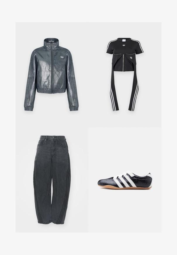 Metallic-graue Jacke mit Reißverschluss, hohem Kragen, gerippten Bündchen und drei Streifen an den Ärmeln. Verfügt über ein kleines Emblem auf der Brust.; Schwarzes Kurzarm-Top mit weißen Adidas-Streifen auf den Ärmeln, Reißverschluss-Detail vorne und verlängerten Stoffbahnen mit drei weißen Streifen, die herunterhängen.; Lockere schwarze Denim-Jeans mit einem verblassten Finish, fünf Taschen, einem Knopfverschluss an der Taille und gestickten Details an der Vorderseite und den Seiten.; Schwarzer Sneaker mit weißen Streifen und Klettverschlüssen, strukturierter Oberfläche und Sohle aus Gumgummi, seitlich auf weißem Hintergrund gezeigt.