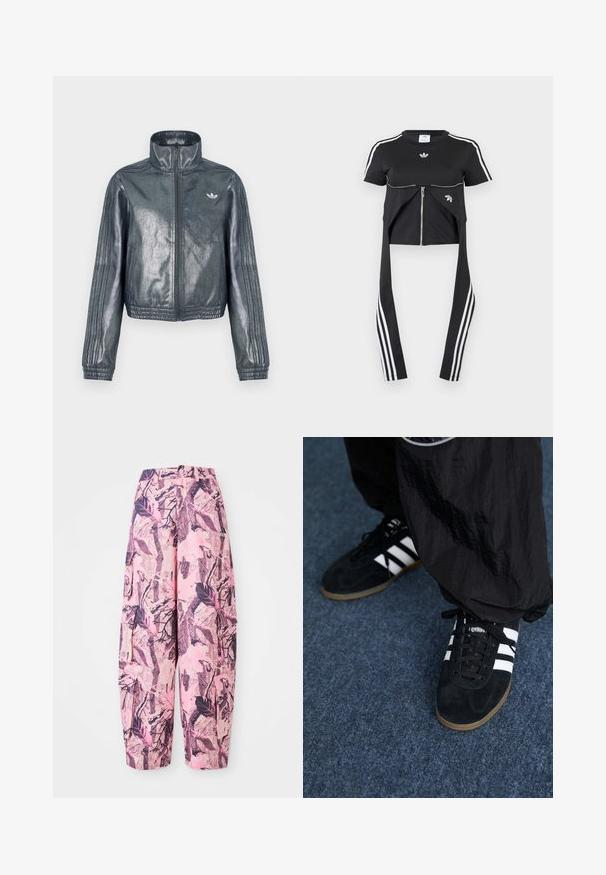 Metallikahall lukkuga jakk kõrge kraega, soonikkoes mansettidega ja kolme triibuga varrukael. Rinnal on väike embleem.; Must lühikeste varrukatega pluus, mille varruka külgedel on valged Adidas triibud, ees lukk ja pikendatud kangast detailid, millel on kolm valget triipu.; Roosa ja lilla mustriga laiad püksid, millel on lehe- ja oksadisain, kõrge talje ning küljetaskud lisafunktsionaalsuse jaoks.; Mustad nahast spordijalatsid kolme valge triibuga ja mustade kingapaeltega. Kingade kõrval on osaliselt nähtavad tekstureeritud mustad püksid.