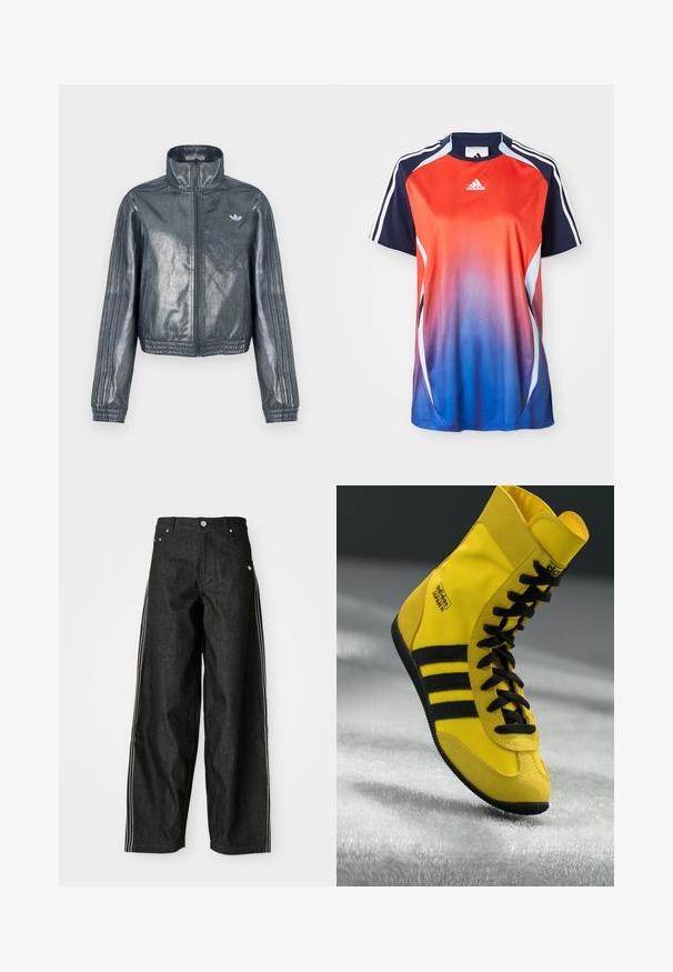Metallisk grå lynlåsjakke med høj krave, ribstrikkede manchetter og tre striber på ærmerne. Har et lille emblem på brystet.; Adidas kortærmet sports T-shirt med en gradient fra rød til blå, med marineblå akcenter og hvide striber langs skuldrene.; Sorte denim bukser med brede ben og hvide sider, der har forlommer, knaplukning og et diskret logo nær taljen.; Høje sneakers lavet af gult syntetisk materiale, der har sorte snørebånd, tre sorte striber og branding på siden. Struktureret gummisål.