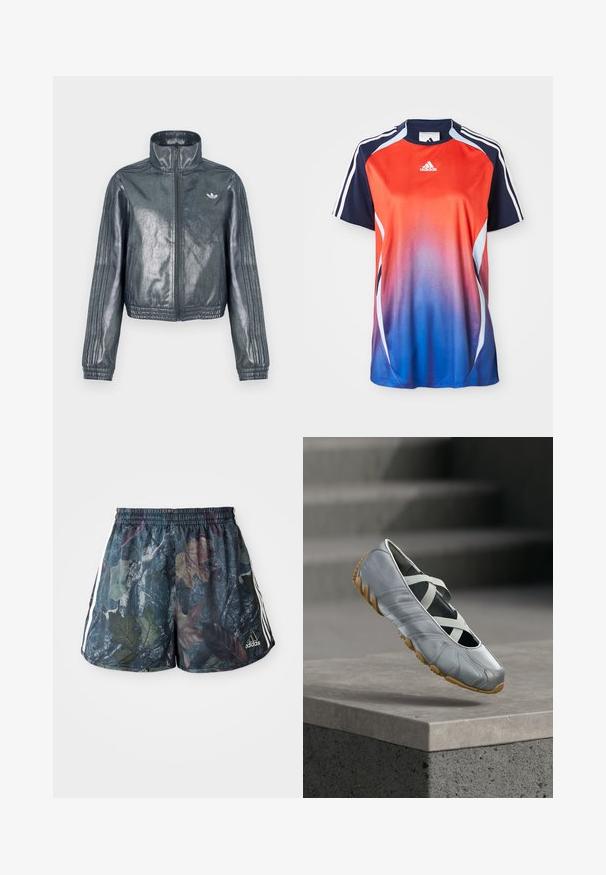 Chaqueta metálica gris con cremallera y cuello alto, puños acanalados y tres rayas en las mangas. Presenta un pequeño emblema en el pecho.; Camisa deportiva de manga corta de Adidas con un degradado que va del rojo al azul, con detalles en azul marino y rayas blancas a lo largo de los hombros.; Shorts para adultos con un patrón de hojas multicolores sobre un fondo oscuro, con una cintura elástica y rayas laterales en blanco.; Zapato informal gris claro con tiras elásticas cruzadas y suela marrón texturizada, colocado sobre un borde de hormigón con escaleras al fondo.
