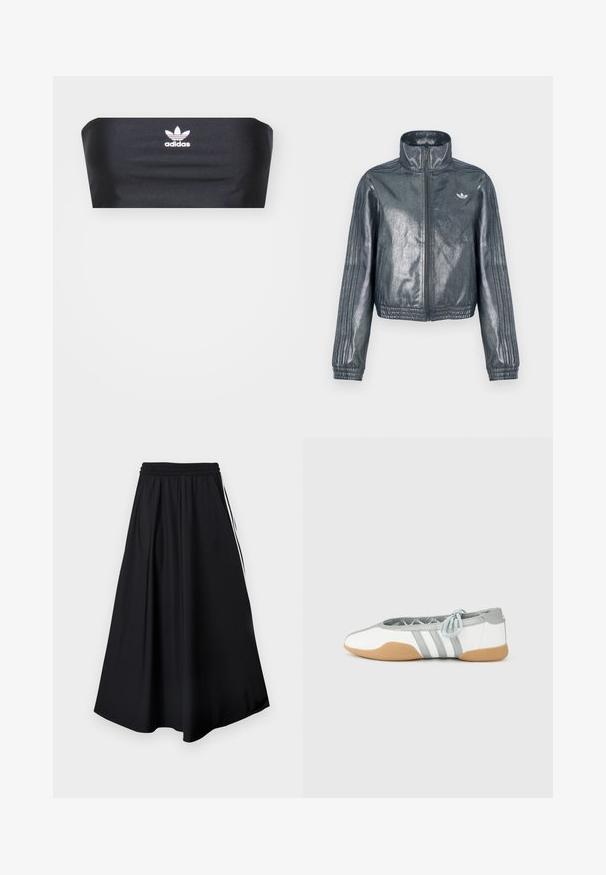 Metallisch grijze jas met ritssluiting, hoge kraag, geribbelde manchetten en drie strepen op de mouwen. Heeft een klein embleem op de borst.; Zwarte bandeau-top van soepel stof, met het witte Adidas-logo gecentreerd aan de voorkant, zonder extra patronen of versieringen.; Zwarte wijde broekspijpen met elastische tailleband en witte strepen aan de zijkant, weergegeven tegen een effen witte achtergrond.; Witte en grijze ballerina's met een ronde neus en elastische veters, met drie grijze strepen en een beige rubberen zool.