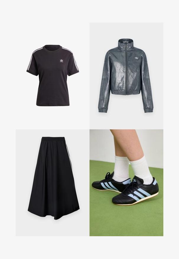 Metallic-graue Jacke mit Reißverschluss, hohem Kragen, gerippten Bündchen und drei Streifen an den Ärmeln. Verfügt über ein kleines Emblem auf der Brust.; Schwarzes Baumwoll-T-Shirt mit kurzen Ärmeln und Rundhalsausschnitt, mit weißen Streifen auf den Schultern und einem kleinen weißen Adidas-Logo auf der Brust.; Schwarze weit geschnittene Hose mit elastischem Bund und weißen Seitenstreifen, vor einem schlichten weißen Hintergrund präsentiert.; Schwarze Leder-Sportschuhe mit hellblauen Streifen, strukturierten Obermaterialien und Gummisohlen, kombiniert mit weißen gerippten Socken auf grünem Boden.