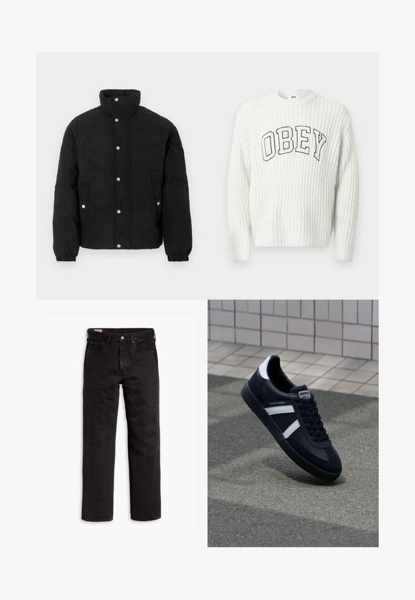 Zwart corduroy pufferjack met een hoge kraag, voorzijde met drukknoopsluiting, twee steekzakken aan de voorkant en elastische manchetten voor een strakke pasvorm.; Witte gebreide trui met "OBEY" in zwarte letters over de borst, met een geribbelde textuur en een ronde hals.; Zwarte recht gesneden denim jeans met vijf zakken, knoopsluiting en riemlussen, plat gelegd op een witte achtergrond.; Zwarte leren sneaker met witte strepen, een gestructureerde rubberen zool en vetersluiting aan de voorkant. Voorzien van een merklabel op de tong.