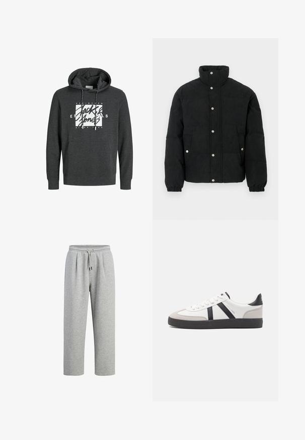 Schwarze Cord-Steppjacke mit hohem Kragen, Druckknopfverschluss vorne, zwei Vordertaschen und elastischen Bündchen für eine eng anliegende Passform.; Dunkelgrauer Hoodie aus weichem Material, mit einer Fronttasche, Kapuze mit Kordelzug und einem großen weißen Grafiklogo auf der Brust.; Graue Sweatpants aus weichem Baumwoll-Mix. Mit elastischem Bund und Kordelzug, lockerer Passform und seitlichen Taschen.; Weiße Sneaker mit schwarz- und grau-aczenten, ausgestattet mit einer strukturierten grauen Zehenkappe, schwarzer Gummi-Sohle und flachen weißen Schnürsenkeln. Sauberes Design, minimalistische Stil.