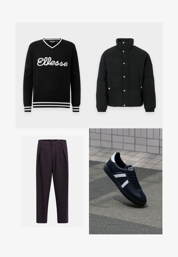 Zwart corduroy pufferjack met een hoge kraag, voorzijde met drukknoopsluiting, twee steekzakken aan de voorkant en elastische manchetten voor een strakke pasvorm.; Zwarte V-hals trui met witte "Ellesse" logo op de borst en witte strepen op de kraag, manchetten en onderrand.; Donkere grijze, op maat gemaakte broek met riemlussen, voorplooien en een rechte pijp.; Zwarte leren sneaker met witte strepen, een gestructureerde rubberen zool en vetersluiting aan de voorkant. Voorzien van een merklabel op de tong.