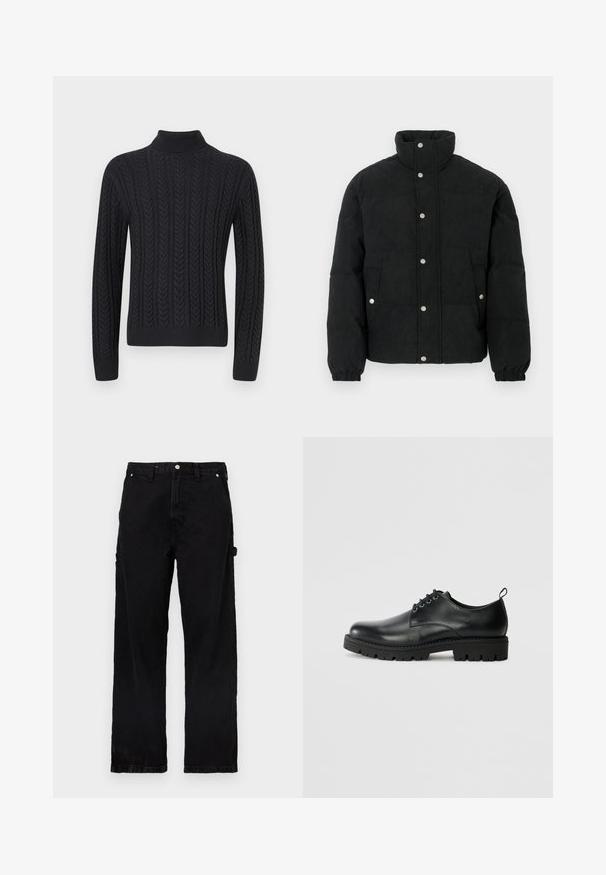 Sort kordfløjls-dunjakke med høj krave, forside med trykknapper, to forlommer og elastiske manchetter for en tætsiddende pasform.; Sort strikket turtleneck sweater med et tekstureret mønster af lodrette fletninger, ribbede manchetter og kant for en tætsiddende pasform.; Sorte denimbukser med lige ben, der har knap- og lynlås-lukning, sidelommer og subtile teksturvariationer.; Sort læder sko med en rund tå, der har snørelukning, solid sort gummisål og en lille hælflap bagpå.