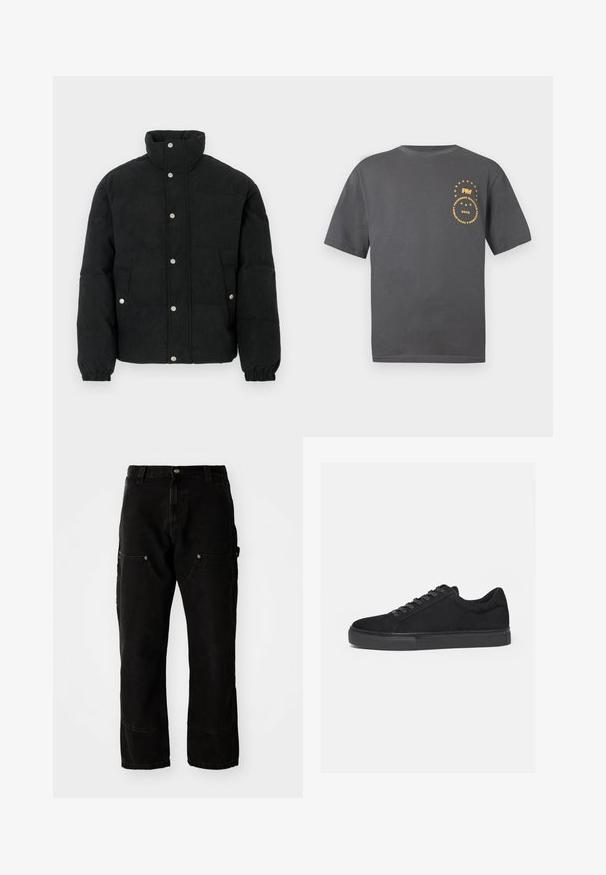 Zwart corduroy pufferjack met een hoge kraag, voorzijde met drukknoopsluiting, twee steekzakken aan de voorkant en elastische manchetten voor een strakke pasvorm.; Grijze T-shirt met korte mouwen van katoen. Heeft een gele cirkelvormige grafische afbeelding met tekst en sterren op de linkerborst.; Zwarte denim cargobroek met een relaxed fit, voorzien van twee zijzakken, steekzakken en zichtbare stiksels.; Zwarte lage sneaker met veterluiting aan de voorkant en platte rubberen zool, zijaanzicht op een witte achtergrond.