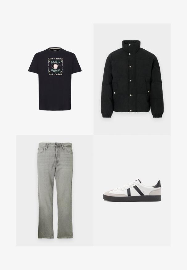 Veste matelassée en velours côtelé noir avec un col montant, une fermeture à boutons-pression, deux poches avant et des poignets élastiques pour un ajustement parfait.; T-shirt en coton noir avec un design graphique coloré portant le texte "GARDONS ÇA SIMPLE" et "RALENTIS" entouré de motifs circulaires.; Jean en denim gris clair avec une coupe droite, présentant un style à cinq poches, une fermeture éclair devant et une texture légèrement décolorée.; Baskets blanches avec des accents noirs et gris, présentant un embout texturé gris, une semelle en caoutchouc noir et des lacets plats blancs. Design épuré, style minimaliste.