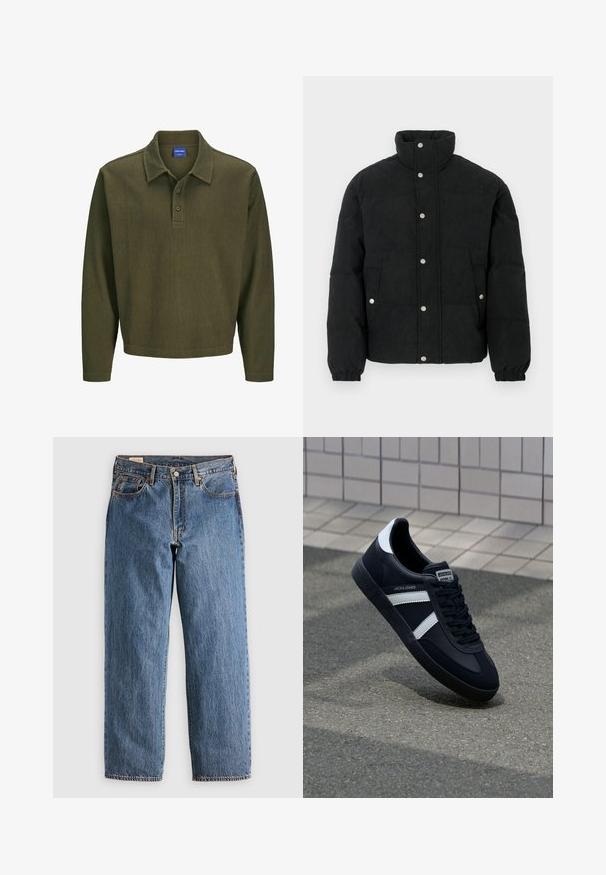 Zwart corduroy pufferjack met een hoge kraag, voorzijde met drukknoopsluiting, twee steekzakken aan de voorkant en elastische manchetten voor een strakke pasvorm.; Olijfgroen polo shirt met lange mouwen, gemaakt van gestructureerde stof. Heeft een kraag, een drieknoopsluiting en een ontspannen pasvorm.; Blauwe denim jeans met een rechte snit, met een hoge taille, koperen klinknagels en oranje stiksels. Voor- en achterzakken inbegrepen.; Zwarte leren sneaker met witte strepen, een gestructureerde rubberen zool en vetersluiting aan de voorkant. Voorzien van een merklabel op de tong.