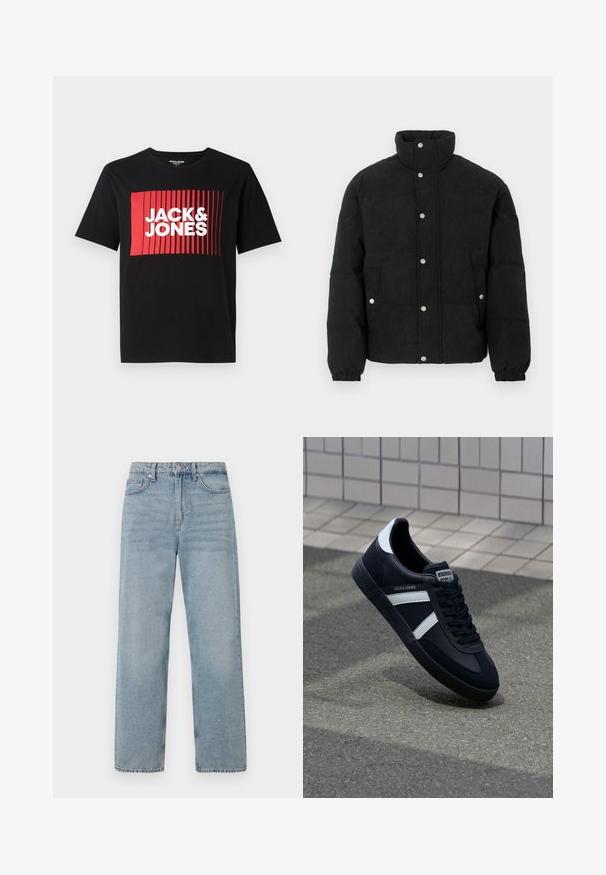 Sort kordfløjls-dunjakke med høj krave, forside med trykknapper, to forlommer og elastiske manchetter for en tætsiddende pasform.; Sort t-shirt med korte ærmer, der har et rødt rektangulært grafisk design med lodrette linjer og teksten "JACK & JONES" i hvid.; Lys blå denim jeans med høj talje, lige ben-design, fem-lommes styling og subtil falming for et slidt udseende.; Sort lædersneaker med hvide striber, tekstureret gummisål og snørrebånd foran. Har et brandet mærke på tungen.