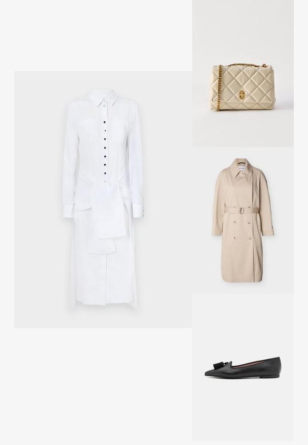 Beige dobbeltradet trenchcoat med bred krave, lange ærmer, bælte med sølvspænde ved taljen og knapdetaljer foran.; Rabanne Maxikjoler - white; Sort læder fladsko med spids tå, prydet med en dekorativ kvast og en tynd, diskret sål. Indvendigt har skoen en kontrasterende rød foring.; Lille beige quiltet håndtaske med guldkæde-strop og guldlås, vist mod en ensfarvet hvid baggrund.