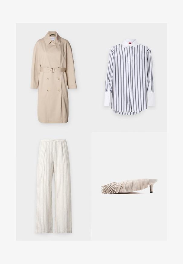 Trench-coat beige croisé avec col large, manches longues, ceinture avec boucle argentée à la taille et boutons sur le devant.; Chemise blanche à boutons avec des rayures verticales bleu marine, manches longues avec des poignets blancs, col classique et ourlet arrondi. Texture de tissu lisse.; Samsøe Samsøe SATOVE TROUSERS - Pantalon classique - egret; Mule en daim beige avec talon bas style kitten et franges superposées couvrant la tige, présenté de profil sur un fond blanc.
