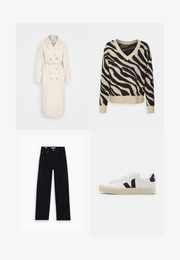 Beige trenchcoat fremstillet af et glat stof, med en dobbeltbrystet front, bælte i taljen og knapdetaljer. Lange ærmer med manchetter.; Beige, cropped sweater med V-hals og sorte zebra-striber. Struktureret strik med ribkant ved kanten og ærmerne. Blød og afslappet pasform.; Sorte denim jeans med lige pasform, fem lommer, kobberdetaljer og en glat tekstur. To mærker synlige på taljebåndet.; Hvide lædersneakers med sort gummiv V-logo. Tekstureret off-white sål, hvide snørebånd og bagside med brandnavn i sort.