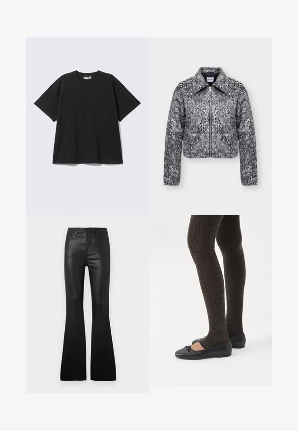 Gray and black faux fur jacket with animal print, a collar, long sleeves, and a front zipper closure.; Black short-sleeve crew neck T-shirt with "WEEKDAY" label at the collar, laid flat on a light gray background.; Black flared pants made of smooth, shiny material. Features front pockets and a button closure. Tailored fit through the waist and hips.; Legs wearing dark ribbed leggings paired with black ballet flats featuring small bow details on a white background.