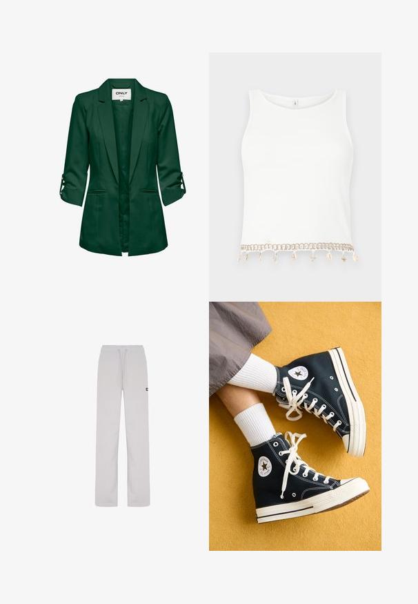 Tummanvihreä naisten bleiseri, jossa on käännetyt hihat ja napillinen remmi, avoin etuosa, lovikaulus ja kaksi etutaskua.; Valkoinen hihaton crop-top, jossa on ribbikuviointi ja koristeellinen trimmi, jossa on meriroskuja ja meritähtiä helman kohdalla.; Harmaat collegehousut, joissa on nyöri vyötäröllä, suora lahjesuunnittelu, pehmeä tekstuuri ja pieni musta logo yksityiskohtana sivussa.; Musta korkea kangaskengät valkoisilla nauhoilla ja kumipohjilla, joissa on pyöreä Converse All Star -logo ulkopuolella.