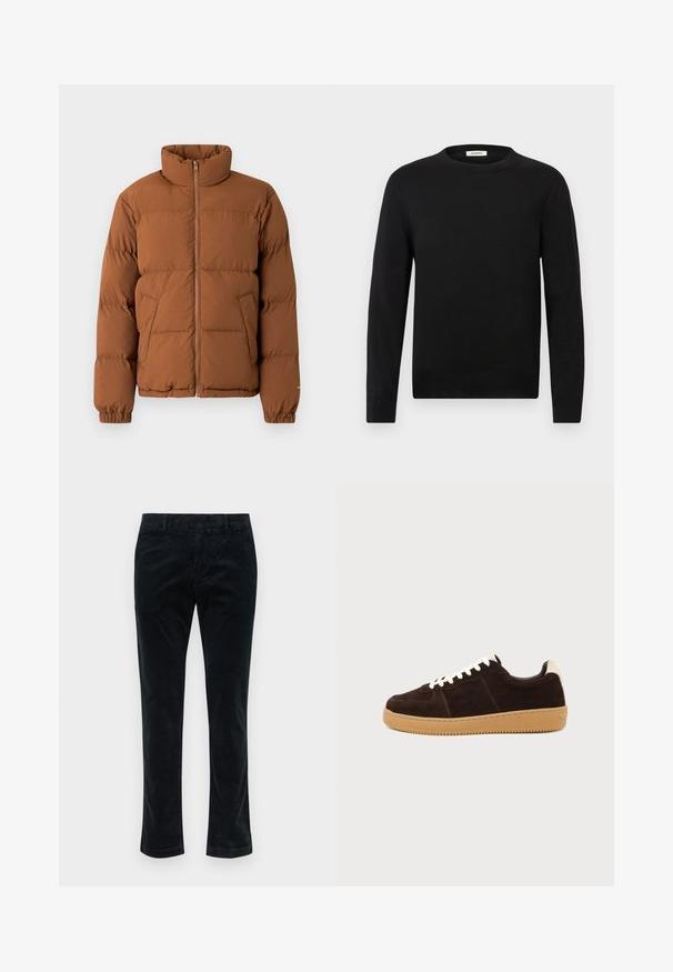 Veste matelassée marron avec un col haut, fermeture éclair sur toute la longueur, poignets côtelés et deux poches latérales. Elle présente un design matelassé pour plus de chaleur.; Pull noir à manches longues avec col rond, poignets et ourlet côtelés, présenté sur un fond gris clair uni.; Pantalons en corduroy noir à jambe droite, avec des côtes verticales, une texture douce et une taille standard sans matériel visible.; Baskets en daim marron foncé avec lacets blancs, languette beige au talon et semelle en caoutchouc marron clair vues de côté sur un fond uni.