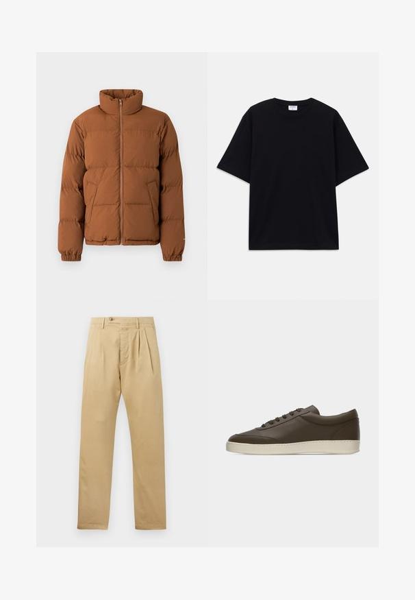Veste matelassée marron avec un col haut, fermeture éclair sur toute la longueur, poignets côtelés et deux poches latérales. Elle présente un design matelassé pour plus de chaleur.; T-shirt noir à manches courtes oversize avec un col rond et une étiquette de marque Filippa K visible à l'intérieur du col.; CLOSED BERGEN TAPERED - Chino - beige; Baskets basses en cuir marron foncé avec lacets sur le devant et semelle en caoutchouc couleur crème, vues de côté extérieur sur fond blanc.