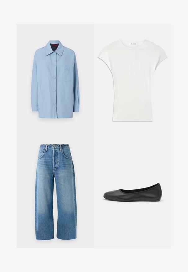 Lichtblauwe jas van katoen, met een puntige kraag, knopen aan de voorkant, een opgestikte zak en lange mouwen. Eenvoudig ontwerp met minimale accenten.; Witte shirt met korte mouwen, gemaakt van zachte, geribbelde stof. Crew halslijn; losse pasvorm met lichte kapmouwen. Merkenlabel zichtbaar bij de halslijn.; Lichtblauwe wijde spijkerbroeken van denim. Beschikt over een klassiek vijf-pocket ontwerp en een knoopsluiting bij de taille. Gefranjerde zoomdetails.; Zwarte leren ballerina met een ronde neus, gladde textuur, minimale stikdetails en een flexibele zoolontwerp.
