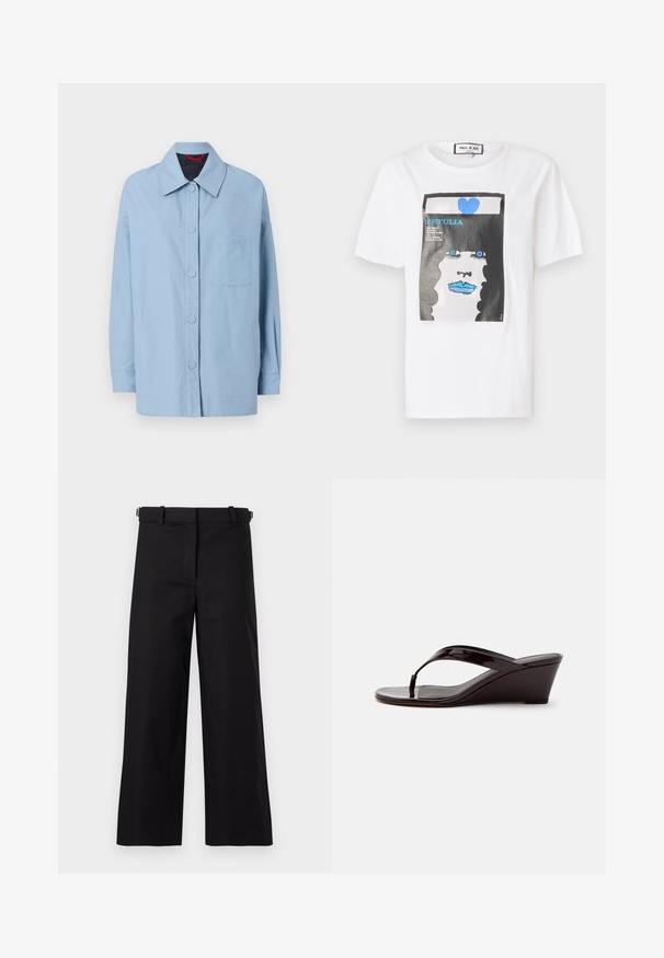 Hellblaues Jacket aus Baumwolle mit spitzem Kragen, vorderem Knopfverschluss, aufgesetzter Tasche und langen Ärmeln. Schlichtes Design mit minimalen Akzenten.; Weißes Baumwoll-T-Shirt mit einem grafischen Druck eines Gesichts mit blauen Lippen und Augen, umrahmt von einem schwarzen Rand und einem blauen Herzdetail.; Schwarze weit geschnittene Hosen aus Baumwollstoff, ausgestattet mit einem Gürtel und einer glatten Textur, mit einem schlichten Frontdesign und ohne sichtbare Muster.; Braune Sandale mit Keilabsatz aus Lackleder mit Zehensteg und offenem Zehenbereich, seitlich auf einfarbigem Hintergrund gezeigt.