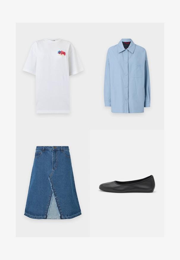 Veste bleu clair en coton, avec un col pointu, des boutons à l'avant, une poche plaquée et des manches longues. Design simple avec des accents minimaux.; T-shirt blanc oversize à manches courtes avec petite broderie florale colorée et texte en cursive sur le haut gauche de la poitrine.; Jupe en denim bleu avec une forme évasée, présentant une fente à l'avant et un ourlet effiloché. Design classique à cinq poches et fermeture à bouton métal.; Ballerines en cuir noir avec un bout rond, texture lisse, détails de couture minimalistes et design de semelle flexible.
