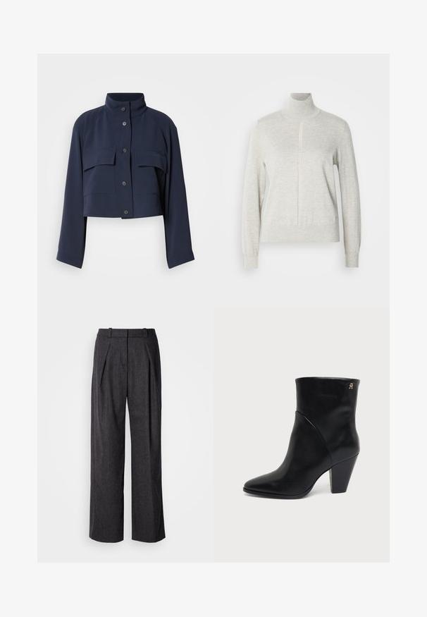 Marineblå cropped jakke med lange ærmer, høj krave, lukning med knapper foran og to store klaplommer på brystet.; Lys grå sweater med høj krave og kvart lynlås. Lavet af et blødt, struktureret materiale, der har lange ærmer og en tætsiddende kant.; Mørkegrå brede benbukser i et struktureret stof, med frontfolder og et klassisk livdesign. Ingen synlige lommer.; Sort læderankelstøvle med spids tå, blokhæl og lille gyldent logo nær den øverste kant på ydersiden.