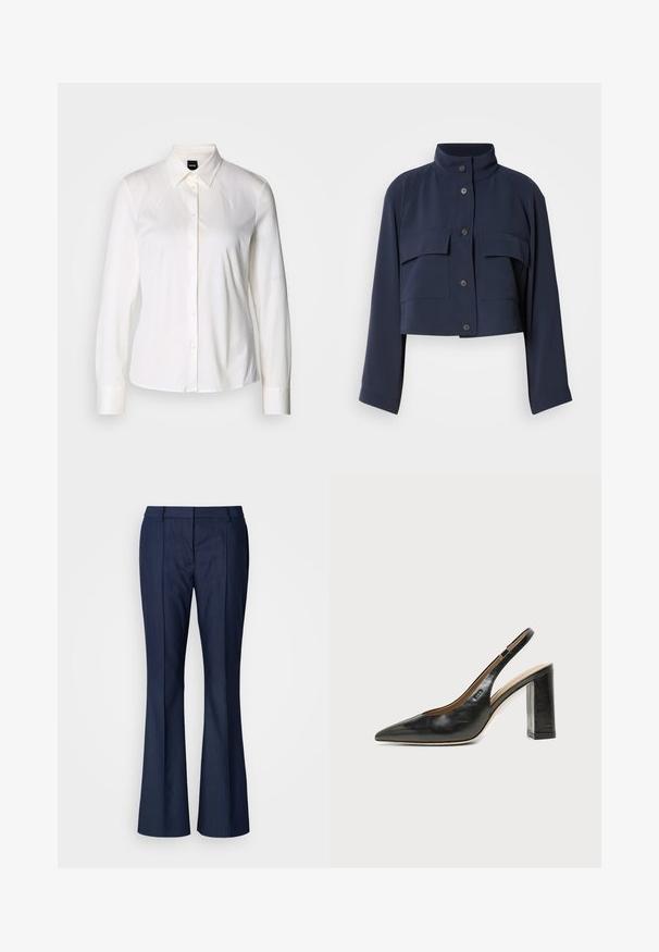 Veste courte bleu marine avec manches longues, col montant, fermeture avant à boutons et deux grandes poches à rabat sur la poitrine.; Chemise blanche à manches longues avec col classique en tissu coton doux, présentant une coupe ajustée et un design simple sans motifs.; Pantalon évasé bleu marine en tissu texturé avec des plis latéraux et une ceinture ajustée pour une silhouette cintrée.; Chaussure slingback en cuir noir à bout pointu avec un talon bloc haut et une doublure intérieure beige sur un fond clair uni.