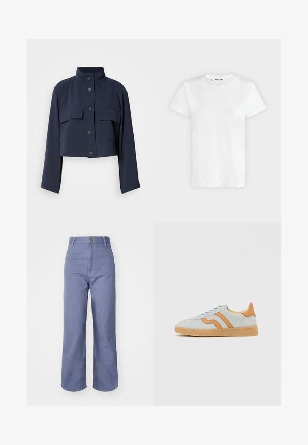 Marineblaue, kurze Jacke mit langen Ärmeln, hohem Kragen, vorderer Knopfleiste und zwei großen Klappentaschen auf der Brust.; Ein schlichtes weißes T-Shirt mit kurzen Ärmeln und Rundhalsausschnitt liegt flach auf einem hellgrauen Hintergrund, zeigt die Vorderseite mit einem Etikett im Halsausschnitt.; Hellblaue weite Jeans aus Denim, mit hoher Taille, Vorderknopfverschluss und sichtbaren Nähten an den Taschen und Nähten.; Hellgrauer Wildledersneaker mit cognacfarbenen Lederakzenten, Gummisohle und hellblauen Schnürsenkeln, von der Seite vor weißem Hintergrund gezeigt.