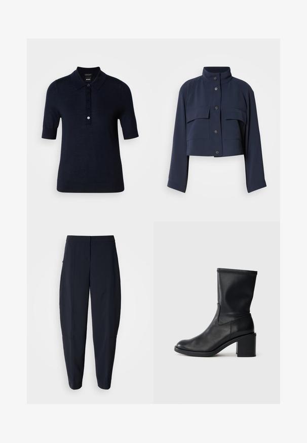 Veste courte bleu marine avec manches longues, col montant, fermeture avant à boutons et deux grandes poches à rabat sur la poitrine.; Polo bleu marine fabriqué en tissu lisse, avec un col, des manches courtes et une patte de boutonnage avec un petit détail de logo.; Pantalon bleu marine fuselé avec taille mi-haute et poches latérales, présentant des détails de coutures subtiles le long des jambes.; Botte en cuir noir à cheville avec un bout rond, texture lisse et un talon épais, présentant un tige ajustée et un subtil détail de couture.