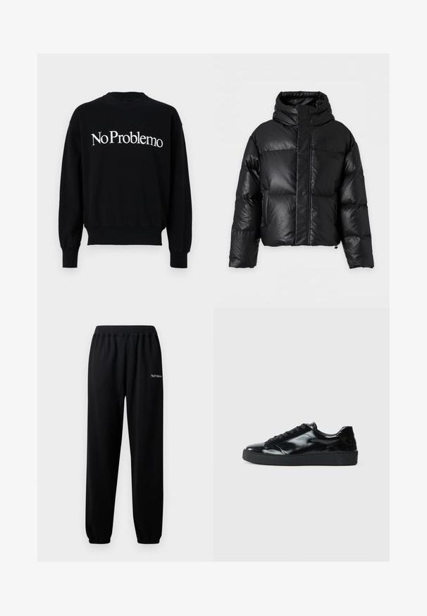 Sort dunjakke med høj krave, lange ærmer og frontlynlås skjult bag en bred klap, vist på ensfarvet baggrund.; Sort sweatshirt med rund hals, prydet med hvid tekst "NoProblemo" henover brystet. Ribstrikkede manchetter og kant, blødt stof.; Sorte sweatpants lavet af blødt stof, med elastisk talje og manchetter. Inkluderer "No Problemo" broderet i hvidt på venstre ben.; Sorte laklæder sneakers med rund tå, snørredesign, tekstureret gummisål og en glat overflade.