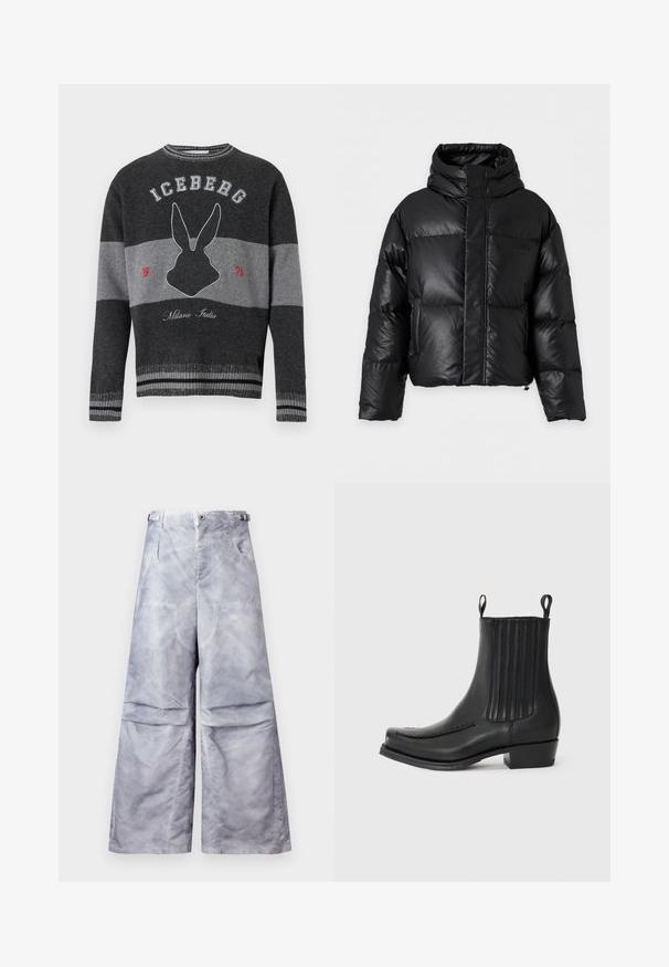 Black puffer jacket with high collar, long sleeves, and front zipper concealed by a wide flap, displayed on a plain background.; Dark gray and light gray striped sweater with a black rabbit silhouette, "ICEBERG" text, and "Milano Italia" embroidered on front.; Light gray wide-leg pants with front pockets, belt loops, and adjustable side straps, displayed on a plain background.; Black leather ankle boot with a smooth finish, elastic side panel detailing, subtle stitching on the toe, and a block heel.