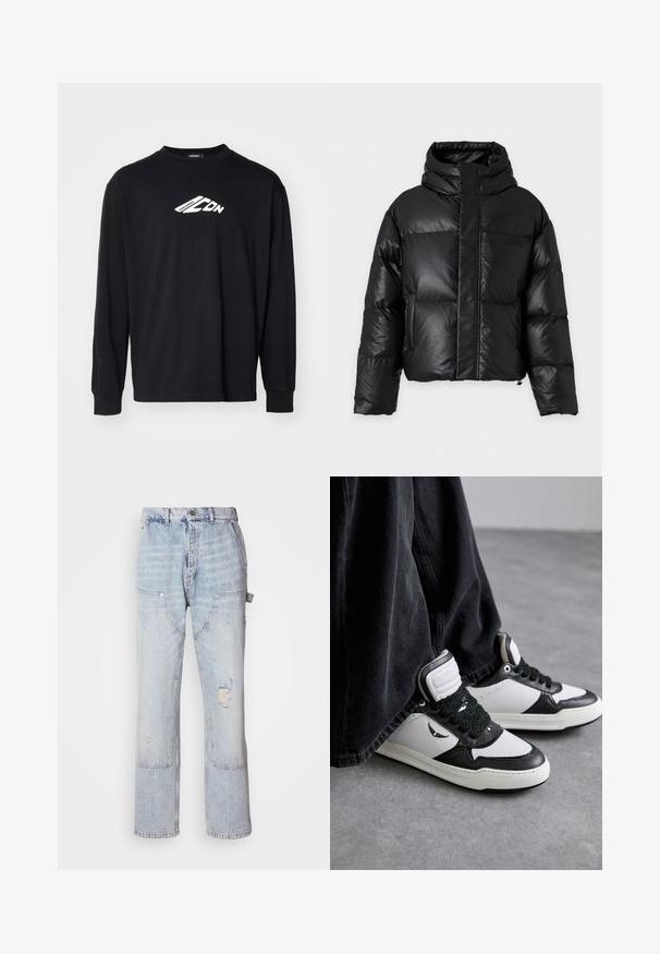 Chaqueta acolchada negra con cuello alto, mangas largas y cremallera frontal oculta por una solapa ancha, presentada sobre un fondo liso.; Camiseta de manga larga negra hecha de algodón, con un logo blanco en el pecho. Cuello redondo clásico y puños acanalados.; Jeans de carpintero de mezclilla azul claro con múltiples bolsillos, cierre de botón frontal y cremallera, y detalle desgastado en el muslo derecho.; Zapatillas altas en blanco y negro con un detalle de cordón negro texturizado, material de cuero y sintético, con un logo en el lado.
