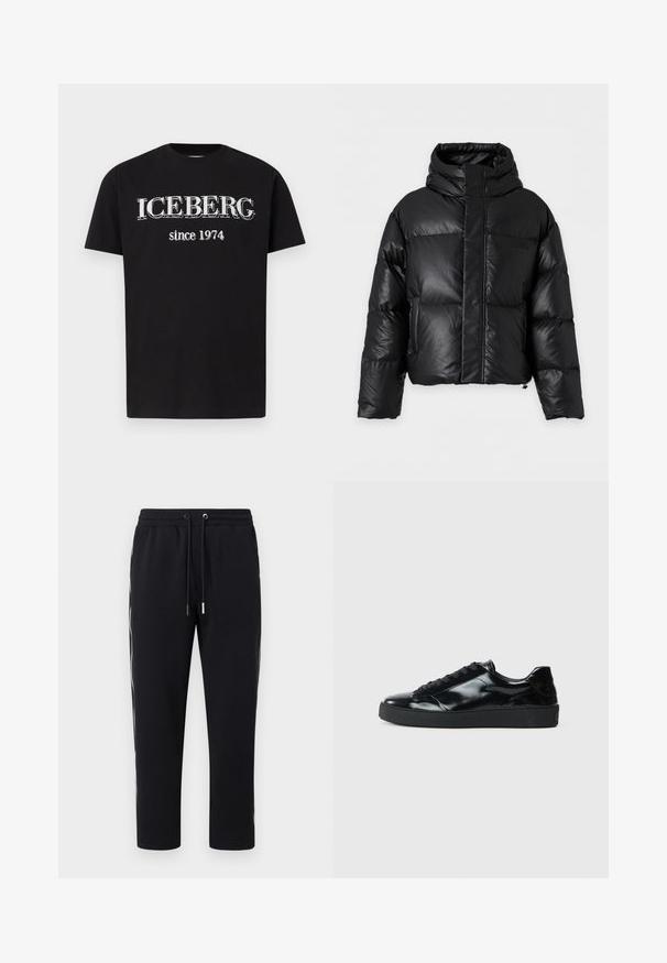 Doudoune noire avec col montant, manches longues et fermeture éclair à l'avant dissimulée sous un large rabat, affichée sur un fond uni.; T-shirt noir à manches courtes avec le texte blanc "ICEBERG" et "depuis 1974" imprimé au centre devant.; Pantalon de survêtement noir fuselé avec taille élastique, cordon de serrage, poches latérales et bandes blanches sur les côtés, sur fond uni.; Baskets en cuir verni noir avec un bout arrondi, un laçage, une semelle en caoutchouc texturé et une finition lisse.