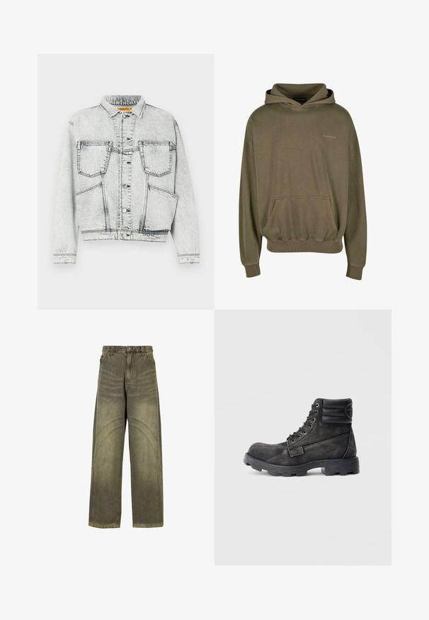 Licht gewassen denim jacket met voor sluiting met knopen, twee borstzakken, lange mouwen en contrasterende stiksel details.; Olijfgroene hoodie van zacht materiaal, met een voorzak, ribbelboorden en een trekkoord op de capuchon, met subtiele logo-details.; Wijde spijkerbroeken van olijfgroene denim, met gebogen naadaccenten, klassieke knoopsluiting en een vervaagde afwerking.; Zwartgrijze enkellaarsjes van gestructureerd canvas met een gevoerde kraag, ronde neus en robuust rubberen zool. Voorzien van 6 metalen veteroogjes.