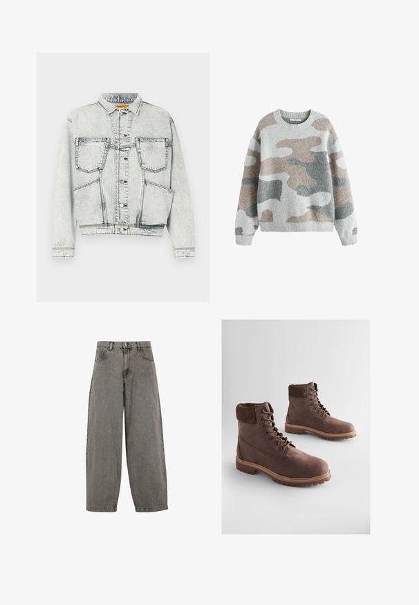 Licht gewassen denim jacket met voor sluiting met knopen, twee borstzakken, lange mouwen en contrasterende stiksel details.; Grijze trui met een camouflagepatroon in tinten beige, lichtgrijs en donkergrijs. Heeft een ronde halslijn en ribgebreide manchetten. Zachte textuur.; Grijze denimbroek met een hoge taille, wijd gesneden pijpen, klassiek vijf-pocket ontwerp en een knoopsluiting aan de voorkant. Licht gestructureerde afwerking.; Bruine leren enkellaarsjes met een gestructureerde afwerking, een gevoerde kraag, metalen oogjes en een robuuste rubberen zool. Stijlvol ontwerp voor duurzaamheid.