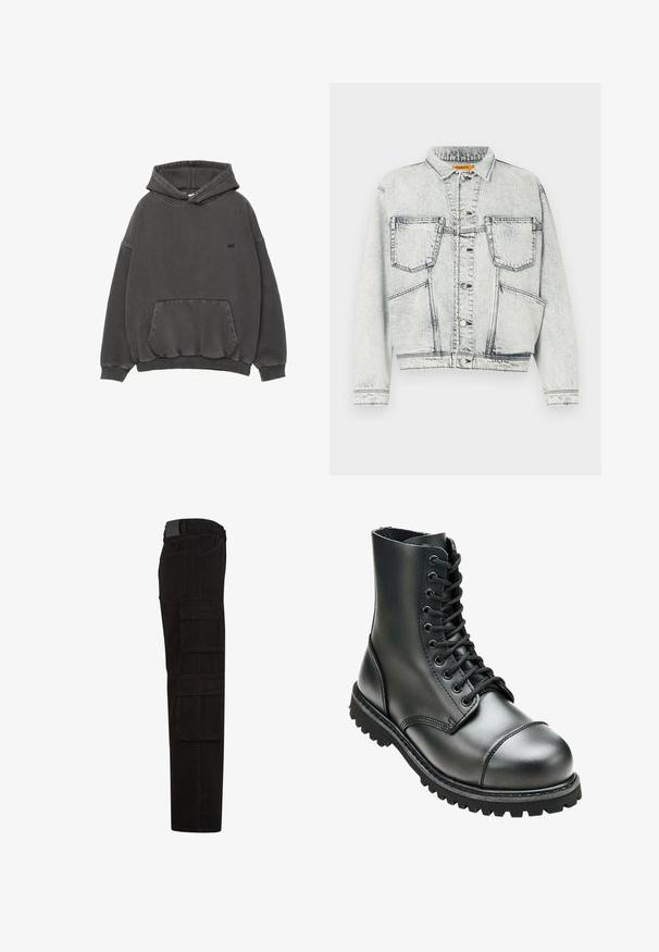 Licht gewassen denim jacket met voor sluiting met knopen, twee borstzakken, lange mouwen en contrasterende stiksel details.; Donkergrijze hoodie met een voorzak in kangoeroestijl, ribgebreide mouwen en onderrand, en een klein zwart geborduurd logo op de borst.; Zwarte cargobroek met meerdere grote klepzakken, riemlussen en een rechte pijpsnit, zijaanzicht.; Zwarte leren combatboot met hoge enkel, ronde neus, vetersluiting aan de voorkant, en robuuste rubberen zool met diepe profiel voor grip.