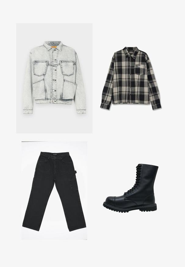 Licht gewassen denim jacket met voor sluiting met knopen, twee borstzakken, lange mouwen en contrasterende stiksel details.; Zwart en crèmekleurig geruite flanellen overhemd met lange mouwen, knoopsluiting, één borstzak en subtiele logoborduring op de zak.; Zwarte denim broek met een rechte pijpdesign, voorzien van een knoopsluiting aan de voorkant, achterzakken en een zijvak voor cargo.; Zwarte leren veterschoen met een ronde neus, hoge schacht, dikke rubberen zool en een gestructureerd oppervlak. Heeft versterkte stiksels langs de naden.