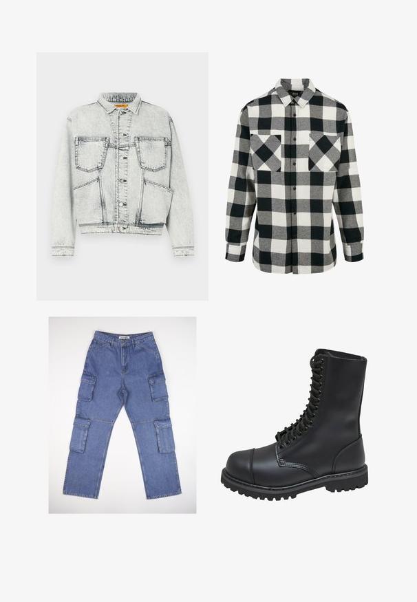 Heledadrazh denim jakk, millel on ees nupuklipp, kaks rinna taskut, pikad varrukad ja kontrastsete õmblustega detailid.; Mustvalge flanellist särk, millel on suur ruuduline muster, pikad varrukad, nööbiga esiosa ja kaks rinna taskut. Valmistatud pehmest kangast.; Sinine denimpükse mitme küljetaskuga, sirge sääre disain ja klassikaline vöökoht. Kangas on kerge tekstuuriga ja pleekinud.; Mustmust musta sõjaväe king, millel on kõrge varreosa, nöörimise esiosa, pehmendatud krae ja robustne tekstuuriga tall, et tagada haardumine. Omab tugevdatud varvaste osa.