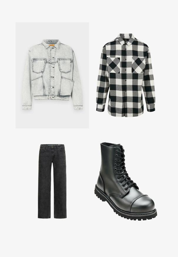 Veste en jean délavée avec fermeture à boutons à l'avant, deux poches poitrine, manches longues et détails de couture contrastés.; Chemise en flanelle noir et blanc avec un grand motif à carreaux, manches longues, patte de boutonnage à l'avant et deux poches poitrine. Fabriquée en tissu doux.; Jean en denim noir à coupe décontractée, jambes droites, design à cinq poches et texture légèrement délavée. Comprend une fermeture par bouton et zip.; Botte de combat en cuir noir avec une tige haute, bout rond, laçage sur le devant et semelle en caoutchouc robuste avec un profil de crantage profond pour une meilleure adhérence.