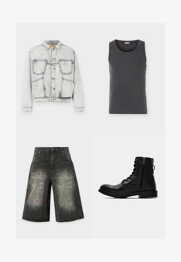 Licht gewassen denim jacket met voor sluiting met knopen, twee borstzakken, lange mouwen en contrasterende stiksel details.; Donkergrijze geribde mouwloze tanktop met ronde hals, plat weergegeven op een lichte achtergrond.; Zwarte denimshorts met wijde pijpen en vervaagde abstracte lijnpatronen, voorste knoop, riemlussen en zijzakken.; Zwarte leren enkellaars met een ronde neus, vetersluiting aan de voorkant, zijrits en platte zool. Bevat reliëfbranding op de hak.