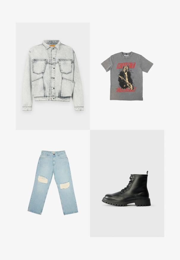 Light washed denim jacket with front button closure, two chest pockets, long sleeves, and contrast stitching details.; Gray cotton t-shirt featuring a large graphic of a musician with red text reading "KURT COBAIN" below, and handwritten-style notes in the background.; Light blue denim jeans with high waist, straight legs, and distressed patches on both thighs.; Black leather ankle boots with a round toe, six eyelets for laces, and a thick, textured sole featuring deep grooves.