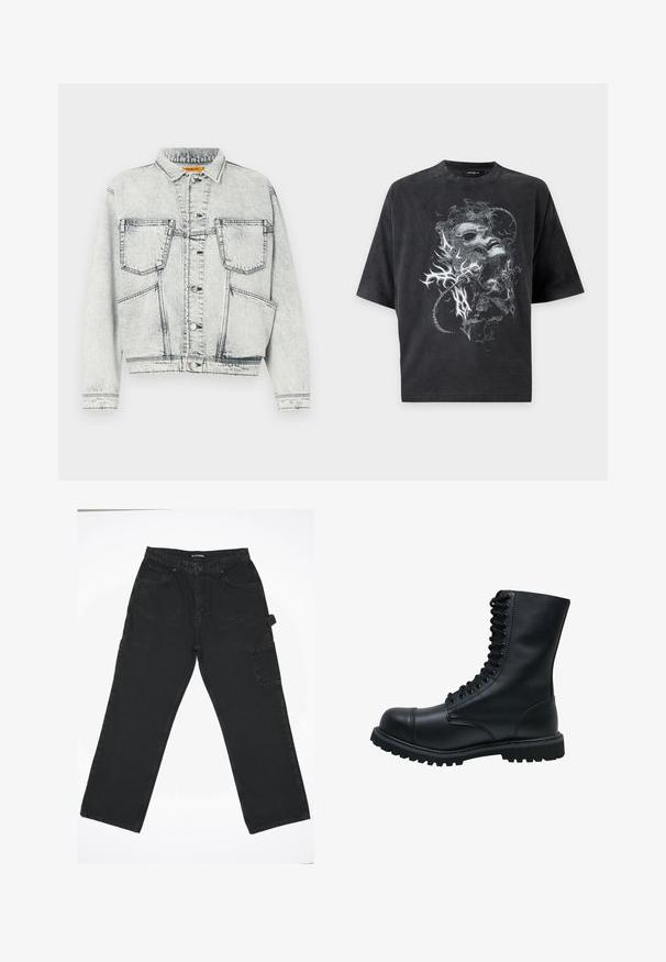 Licht gewassen denim jacket met voor sluiting met knopen, twee borstzakken, lange mouwen en contrasterende stiksel details.; Zwart oversized T-shirt met korte mouwen met een grijze abstracte afbeelding van een vervormd gezicht en organische vormen aan de voorkant.; Zwarte denim broek met een rechte pijpdesign, voorzien van een knoopsluiting aan de voorkant, achterzakken en een zijvak voor cargo.; Zwarte leren veterschoen met een ronde neus, hoge schacht, dikke rubberen zool en een gestructureerd oppervlak. Heeft versterkte stiksels langs de naden.