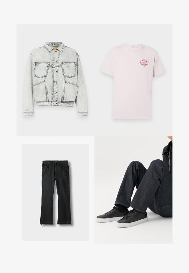 Licht gewassen denim jacket met voor sluiting met knopen, twee borstzakken, lange mouwen en contrasterende stiksel details.; Lichtroze T-shirt met korte mouwen en een rood ruitvormig ontwerp met de tekst "Miami Replay Palace Florida" op de bovenste linkerborst.; Zwarte spijkerbroek met rechte broekspijpen, voorzakken en ruwe, rafelige zoom, plat gelegd op een lichte achtergrond.; Persoon zittend met gebogen benen, draagt donkerblauwe spijkerbroek en zwarte lage sneakers met witte zolen op een witte achtergrond.
