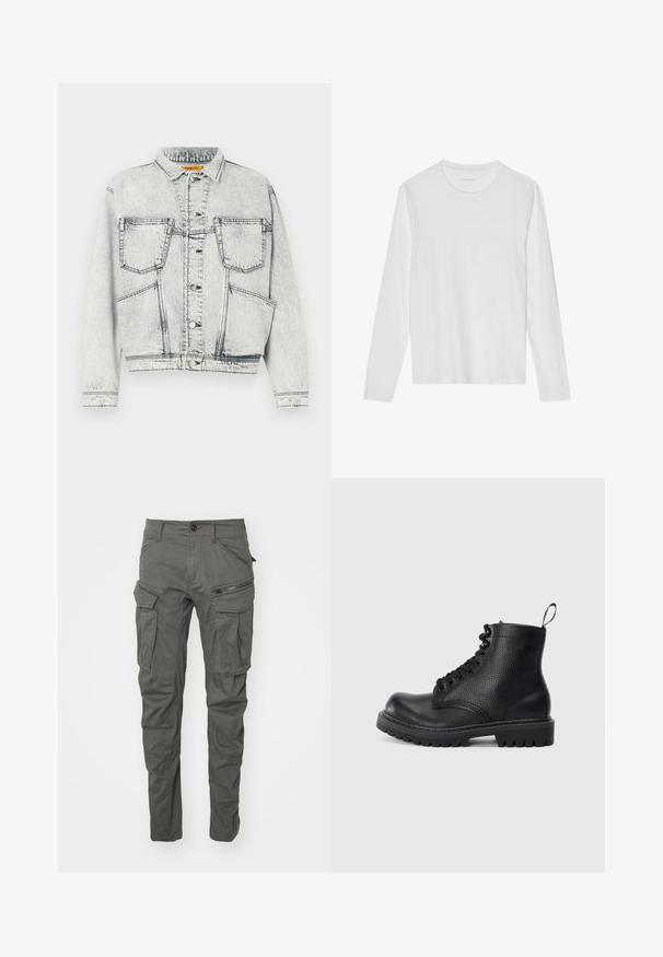 Lysvasket denimjakke med frontlukning med knapper, to brystlommer, lange ærmer og kontraststing detaljer.; Langærmet hvid T-shirt lavet af blød bomuld, med rund halsudskæring og en glat tekstur uden synlige mønstre eller accenter.; Grå cargo bukser lavet af slidstærkt stof, med flere lommer, lynlåse, knaplukning og et tapered ben design.; Sort tekstureret læderkampstøvle med tykkere sål, snørebånd fortil og en hækrog, vist fra siden på en hvid baggrund.