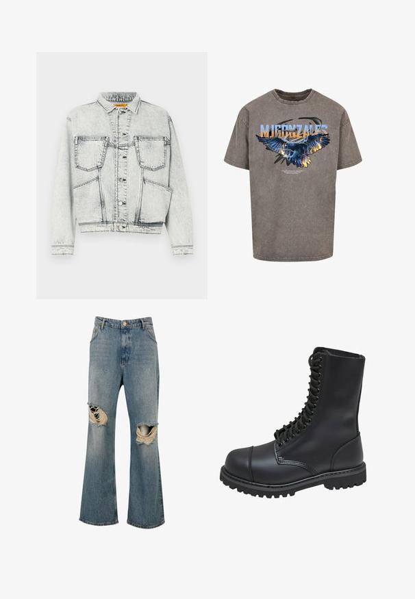 Licht gewassen denim jacket met voor sluiting met knopen, twee borstzakken, lange mouwen en contrasterende stiksel details.; Grijs T-shirt met korte mouwen met een grote afbeelding van een adelaar met blauwe en oranje vlammen. Bovenaan staat de tekst "MJ GONZALES" in vette letters.; Blauwe spijkerbroek met wijde pijpen en grote gescheurde gaten op beide knieën die rafelige randen en witte draden tonen.; Zwarte leren gevechtslaars met een hoge schacht, vetersluiting aan de voorkant, gewatteerde kraag en een stevige, gestructureerde zool voor grip. Bevat een versterkte neus.